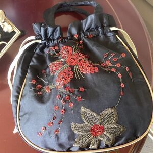Black Drawstring Bag with Red Sequins with double Handles